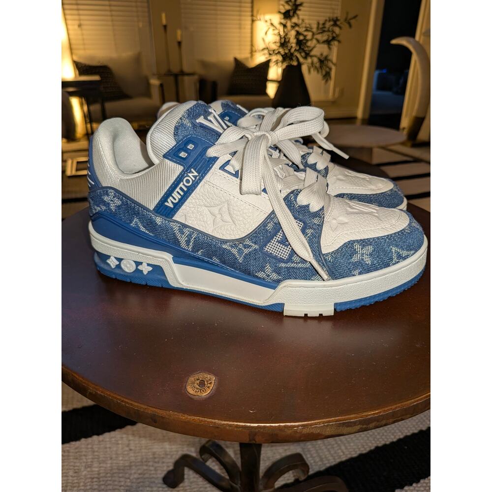 Louis Vuitton Trainer Monogram Denim White Leather Sneakers - Size 37
